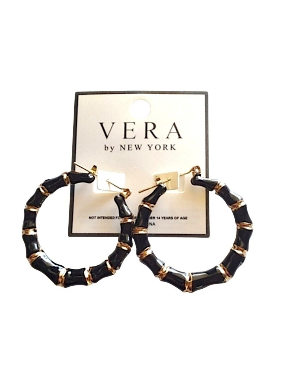 Black Enamel and Gold Bamboo Style Hoop Earrings